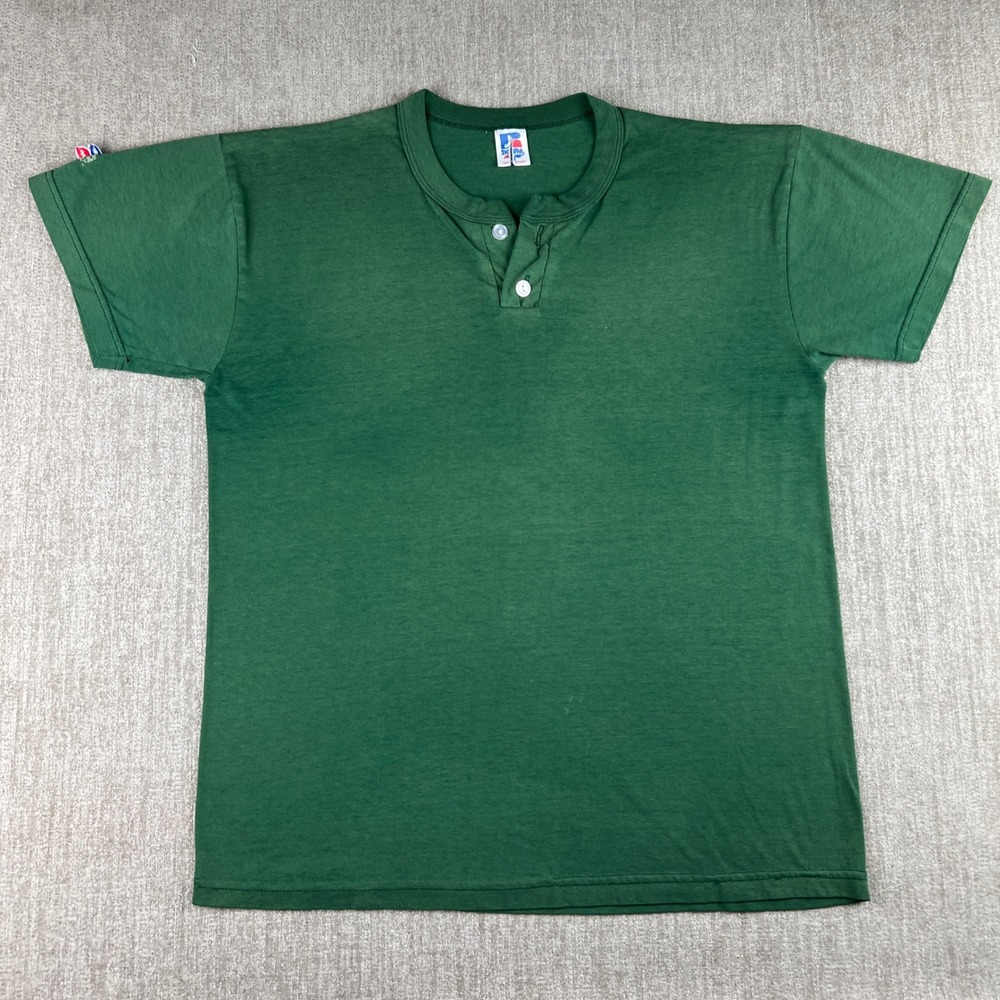 Vintage 90s Russell Athletic Henley T Shirt Mens Medium Sun Faded Green NuBlend